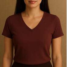 Kit Of 4 Basic V-Neck Short Sleeve Ribbed Blouses - White, Wine, Beige, Military Green - View 3