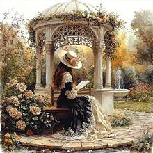 Kit de pictură cu diamant 5D DIY - Doamnă în foișor de grădină, mozaic rotund acrilic fără ramă, cusătură în cruce, meșteșuguri, decor de casă pentru adulți, ameliorarea stresului, 15,74 x 15,74 inci, mărime mare