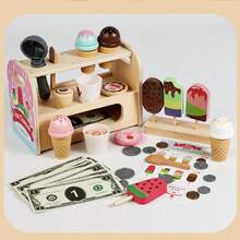 儿童木制冰淇淋店玩具套装，儿童食品店，冰淇淋柜台，配有幸运轮、勺子、菜单、假钱，适合 3 4 5 6 岁生日、圣诞节、万圣节礼物 - 彩色 - 查看 13