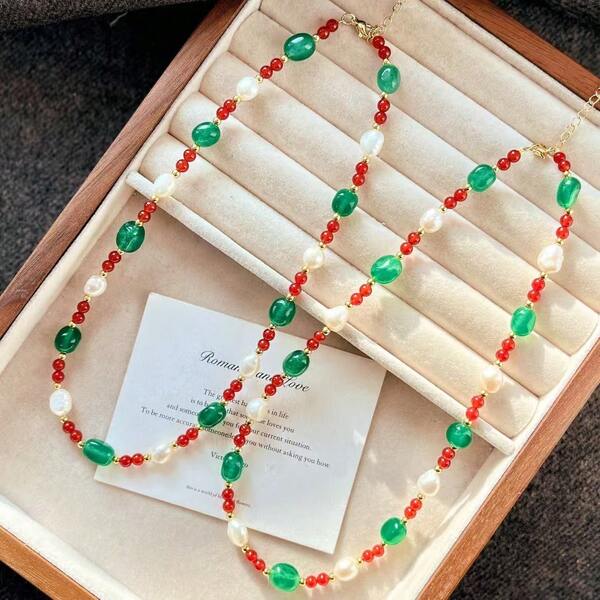 Vintage Natural Red Agate, Green Agate, Baroque Freshwater Pearl Necklace Choker, Suitable For Women's Daily And Evening Wear