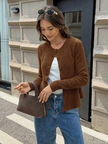 FOR BEAUTY 纯色圆领长袖收腰毛衣，新款日常休闲通勤开衫，时尚优雅简约外套，圣诞节和新年保暖针织衫 - 巧克力 - 查看 2
