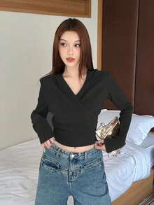 时尚长袖连帽 V 领拉链修身上衣 - 黑色 - 查看 4