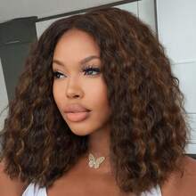 12 Inch Deep Wave Wigs Hightlight Curly Wig Synthetic Hair Short Bob Wave Wigs For Women Middle Part Curly Wave Daily Life Or Party Use - Brown Highlight - View 10
