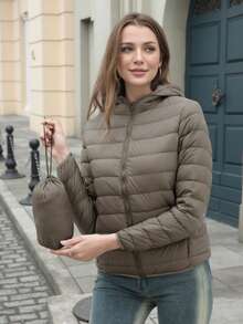 ZIAI 女式长袖连帽羽绒服常规长度保暖填充夹克带口袋和拉链