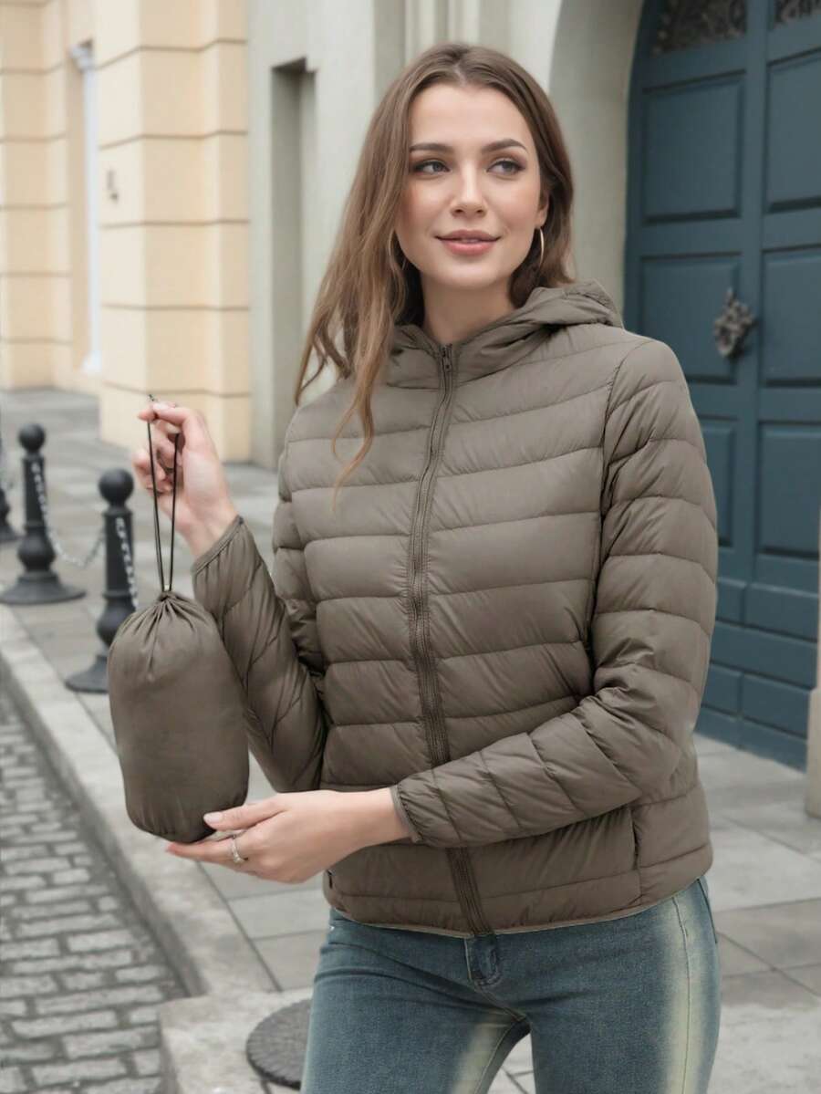 ZIAI 女式长袖连帽羽绒服常规长度保暖填充夹克带口袋和拉链