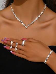 1set Fashionable Jewelry Set Including Necklace, Earrings, Bracelet, Stretch Ring For Women's Daily Wear