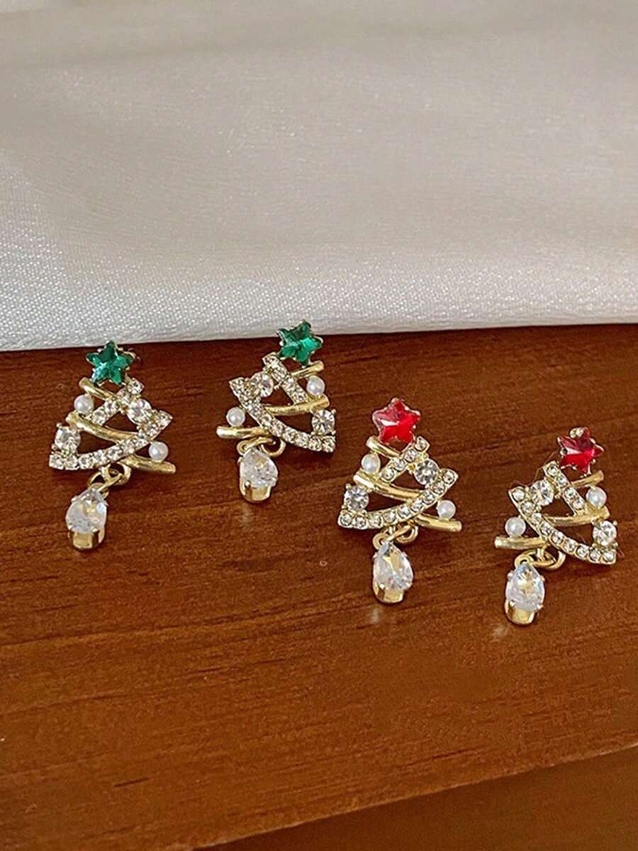 1 对独特的圣诞树水钻耳环，精致百搭，充满节日气氛，是送给朋友的最佳礼物 - 彩色 - 查看 1