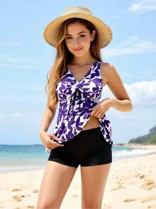 Top De Tirantes Y Bikini Con Estampado Tropical Para Mujer, Conjunto Trajes De Baño Mujer De Con Estampado Tropical,Y Pantalones Cortos,Traje De Baño De 2 Piezas - Morado - Ver 1
