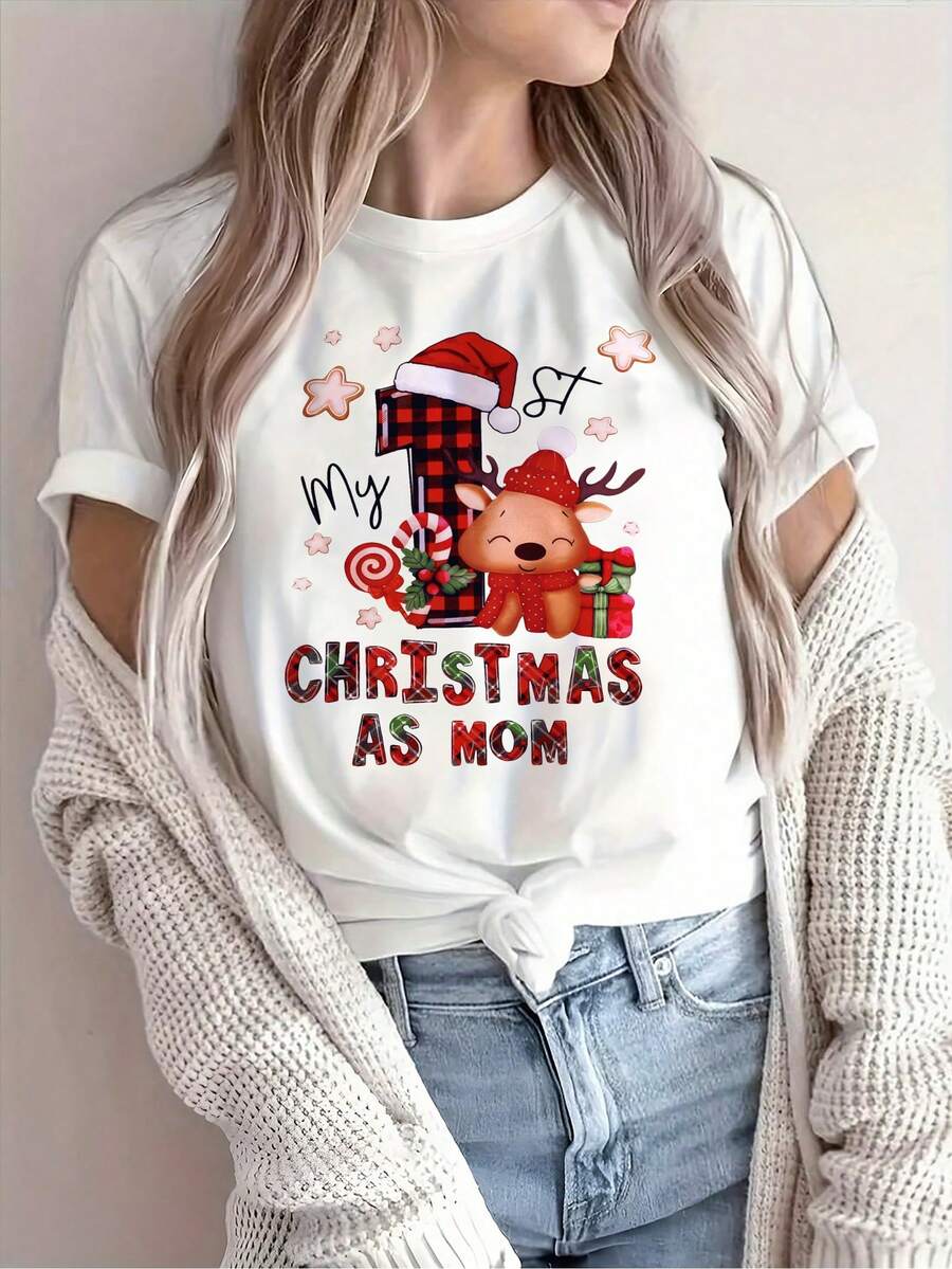 Camiseta festiva de primera Navidad de mamá con estampado de renos y regalos - Camiseta casual de cuello redondo de manga corta con diseño de bloques de color, mezcla de poliéster y spandex, suéter tejido para celebraciones navideñas - Blanco - Ver 1