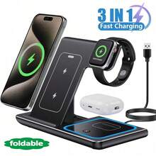 15W Foldable 3-In-1 Wireless Charging Station, Fast Charging Stand Compatible With IPhone 17/16/15/14/13/12/11, 9/8/7/6/5, And Pro - Black - View 2