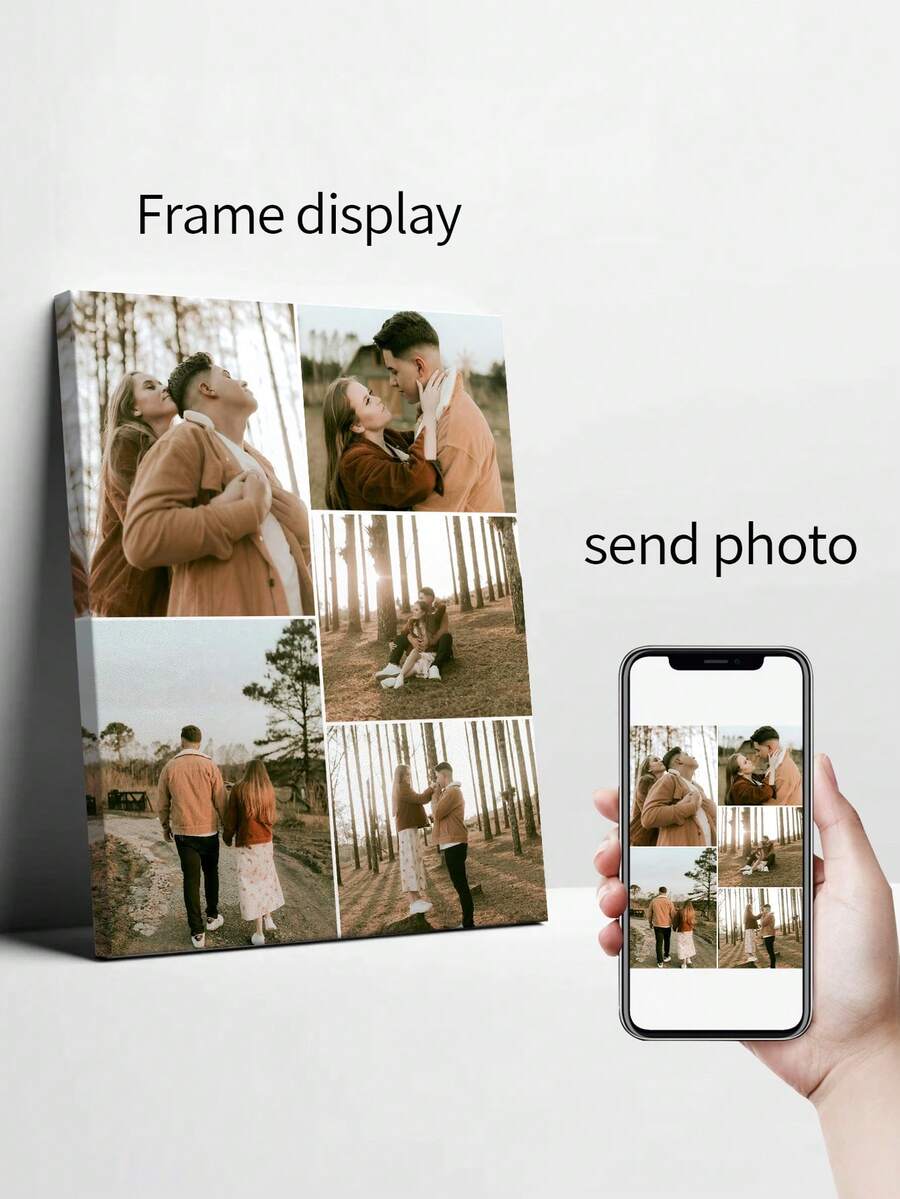 1pc Framed Personalized Custom 5 PhotoPhoto Collage Canvas, Rustic Farmhouse Wall Art With Wrapped Wood Frame, Wedding Gift, Multi-Purpose Wall Decoration For Commemorative Murals Of Couples, Family Members Or Friends, Vintage Style Artwork, Perfect For Room Decor - Multicolor - View 1