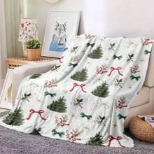 1 buc Pătură de flanel cu imprimeu de brad de Crăciun verde Fericit cu flori de fructe de pădure 70 * 100cm / 100 * 150cm / 130 * 150cm Pătură moale și caldă pentru decor acasă, animal de companie, pui de somn, birou, pat, cadou de Crăciun de toamnă/iarnă pentru familie sau prieteni, decor de Crăciun