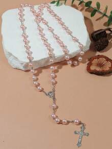 1pc Black & Pink Round Bead & Faux Pearl & Cross Pendant Necklace, Simple Style Sweater Chain