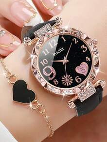 4 件女孩简约数字表盘石英腕表 + 心形手链，返校礼物 - 彩色 - 查看 8
