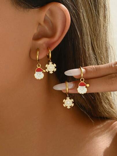 1 Pair Fashionable Christmas Hat & Snowflake Stud Earrings, Stainless Steel Earrings For Women, Celebration Holiday Christmas Party Delicate Gift, Earring Jewelry