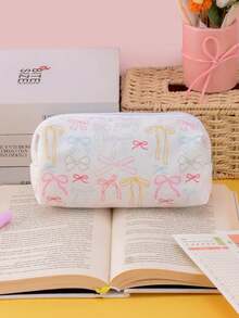 1pc Polyester Nylon Zipper Foldable Pencil Case, Bow Pattern, Portable Pen Bag, Women's Large Capacity Cosmetic Storage Pouch, School Supplies, Christmas, Valentine's Day, Thanksgiving, Back To School, Office Desk Organizer, School Pencil Box