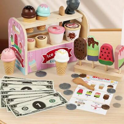 Kids Wooden Ice Cream Shop Toy Set, Children's Food Store, Ice Cream Counter With Lucky Wheel, Spoon, Menu, Fake Money, Suitable For 3 4 5 6 Years Old Birthday, Christmas, Halloween Gifts