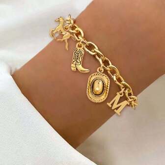 1 pieza Brazalete de acero inoxidable dorado con dije de inicial, estilo vaquero, sombrero y bota de moda clásica para mujer