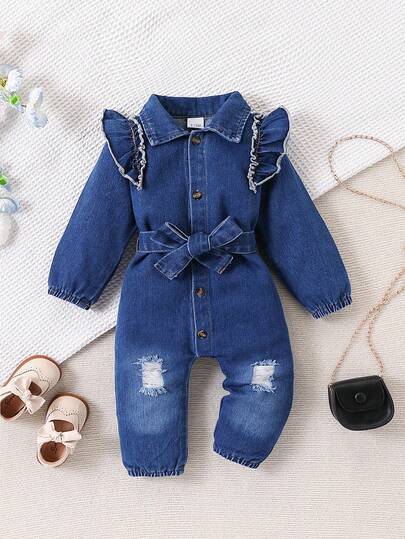 Baby Stylish Ruffled Distressed Denim Long Sleeve Lace Up Bodysuit, Button Up Bodysuit For Toddlers And Baby Girls Spring Autumn Outdoor Wear
