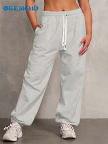 Women's Warm Lined Sports Pants, With Pockets, Knit Fabric, Slightly Stretchy, Casual Running Pants, Suitable For All Seasons, Winter Version Spring - Light Grey - View 4