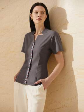 Women's College Style Geo Print Short Sleeved Notched Neck Teacher Elegant Blouse Formal Attire