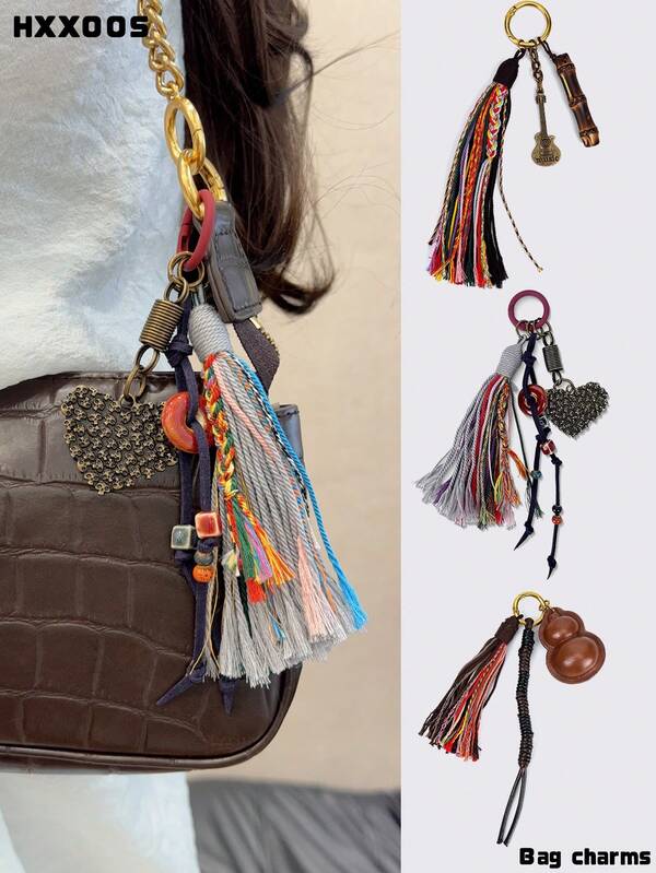 HXXOOS One Creative Guitar Heart Gourd Tassel Bag Charm Keychain – Bohemian Retro Pendant, Handmade Multicolor Woven Tassel Decoration – Suitable For Handbags, Backpacks, And Shoulder Bags – Birthday Or Party Gift For Girls And Couples – Car Hanging Decoration Accessory