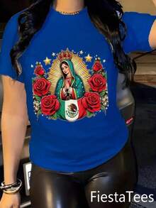 Ladies' 220g pure cotton multi-color T-shirt, printed with the Virgin Mary pattern, soft and breathable short sleeved T-shirt for all seasons, Y2K millennium style, street fashion, Halloween, Christmas, and Day of the Dead are coming strong, popular Mexican clothing T-shirt, moisture wicking, machine washable, suitable for sports and outdoor travel, casual wear, celebration parties, holiday costumes, and beach vacations, women's gift first choice! - Azul - Ver 1