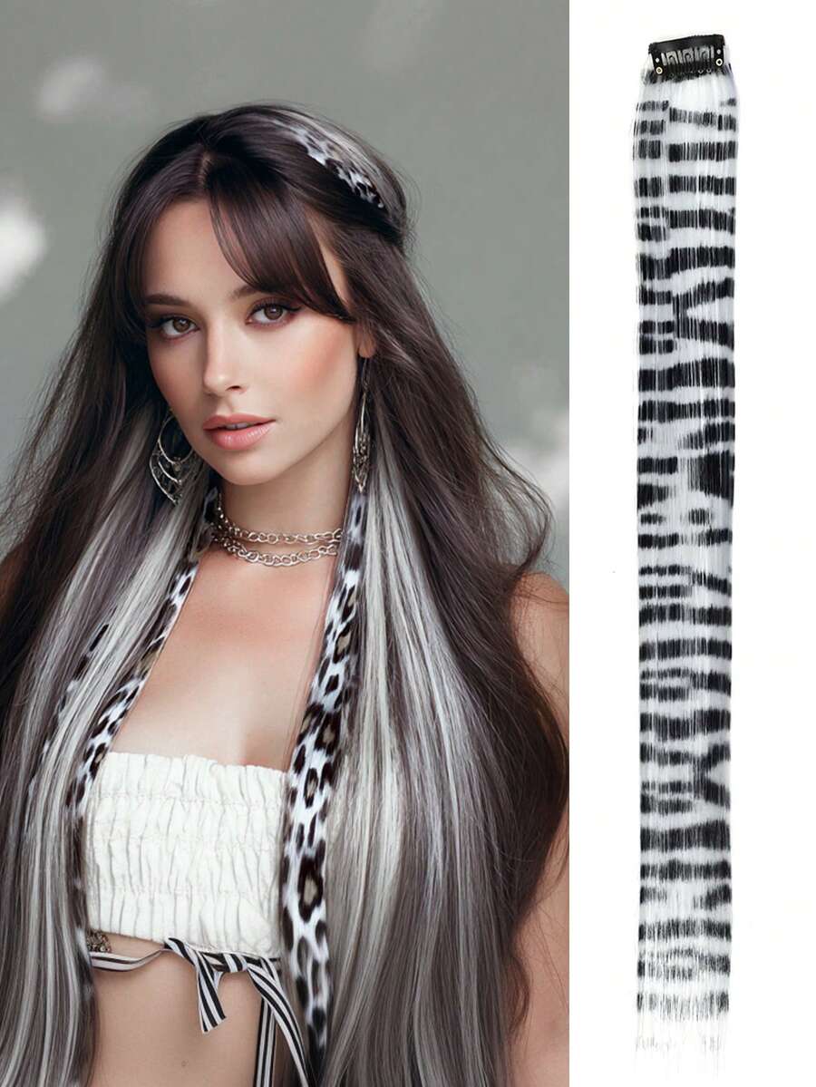 Synthetic Clip In One Piece Hair Extensions Ieopard-Print Colorful Hairpieces For Party Halloween - Light Grey - View 1