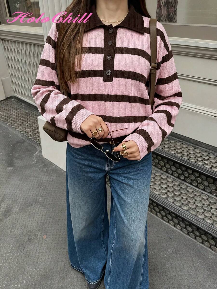 HoloChill 圣诞风女士年轻时尚达人休闲撞色条纹圆领套头针织毛衣，2025秋冬款，新年