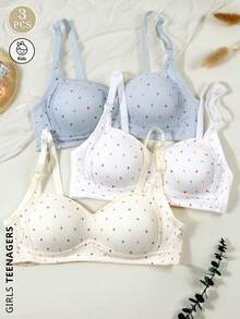 3 件女童波点印花无钢圈聚拢文胸，舒适简约女童文胸，适合 13-16 岁 - 彩色 - 查看 1