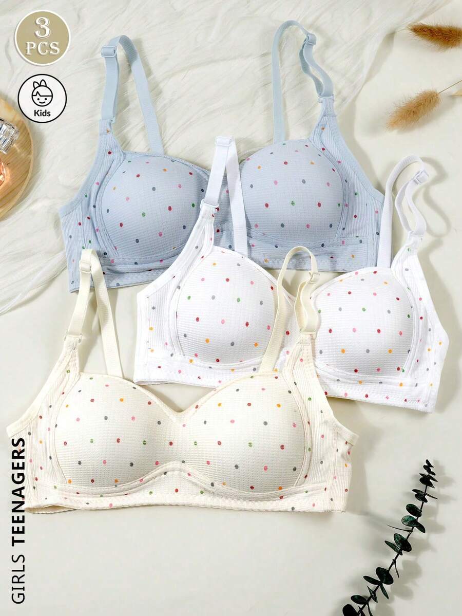 3 件女童波点印花无钢圈聚拢文胸，舒适简约女童文胸，适合 13-16 岁 - 彩色 - 查看 1