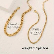 2pcs Chic Women'S Anklet Set - Stainless Steel Double Layer Cuban Chain, Perfect For Daily Wear & Vacation - Golden - 查看 4