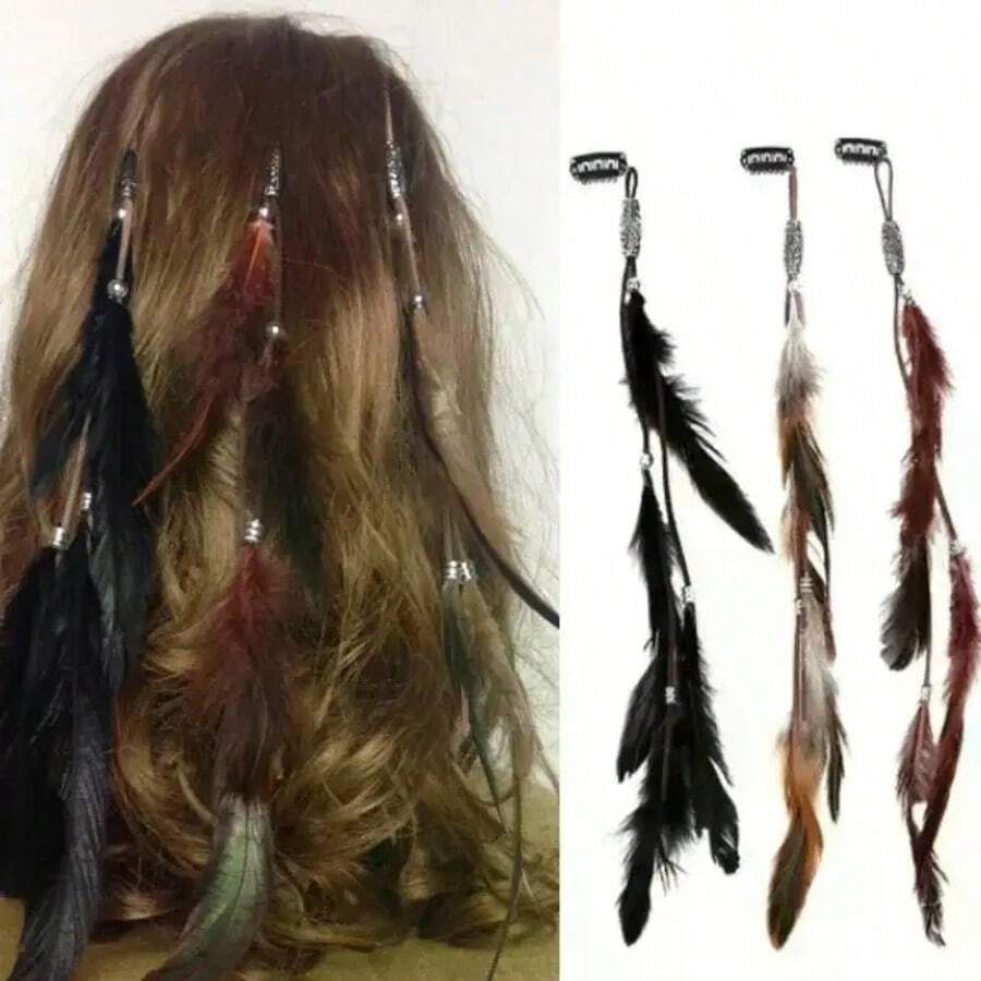 3pcs Fashion Women Feather Hair Tassel Headdress Hair Ornaments For Girls Style Hairpiece Rubber Band BB Clip Hair Accessories, Claw Clips