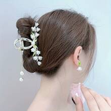 1 Piece Elegant Lily Of The Valley Artificial Pearl Tassel Hair Clip With Rhinestones - Gold Alloy, Non-Slip Grip, Suitable For Fashionable Ponytails And Updos - Chic Women's Accessories, Floral Hair Ornament - 鑽石鈴蘭 - 查看 4