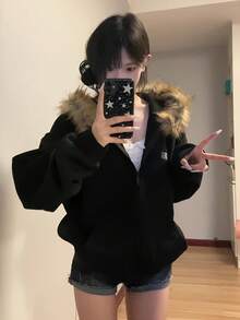 Women's Winter Faux Fur Hooded Coat - Black, Windproof, Durable With Pockets, Thick Polyester Knit, Harajuku Style, Zip-Up Front, Long Sleeves, Comfortable For Cold Weather, Casual Work Coat, Sleek Modern Jacket With Functional Pockets, Winter Coat