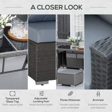 Outsunny 10 Pieces Outdoor PE Rattan Sofa Set With 10cm Thick Cushions, Garden Sectional Corner Sofa Set With Glass Top Dining Table And Three Footstools, Grey - Grey - View 6