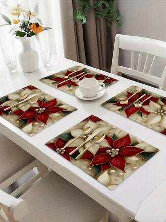 1/2/4 Pcs Christmas Floral Placemats, Red And Green Holly Floral Design, Polyester Woven Rectangular Waterproof Heat-Resistant Placemats, Machine Washable, Christmas & Winter Holiday Home Decor, Suitable For Family Gatherings, Parties, Holiday Decorations, Christmas Dining Table Decor, 32x42cm