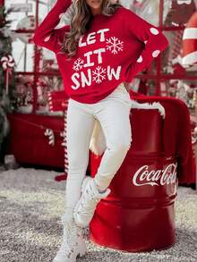 Acelitt Suéter holgado de Navidad con estampado de copos de nieve y contraste para mujeres en invierno