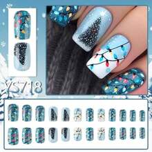 Christmas Press On Nails Blue Glossy Winter Christmas Colorful Lights Fake Nails With Designs Christmas Tree Snowflake Acrylic Nails Full Cover Medium Square Stick On Nail For Women Girls 24 Pcs - 風格 18 - 查看 4
