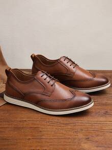 Men's Casual Lace-Up Brogue Style Formal Shoes, Lightweight Soft Sole, Suitable For Work And Daily Wear