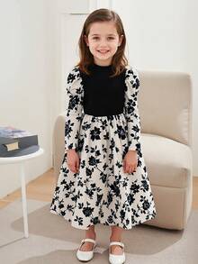 Girls' Long Sleeve Floral Print Dress, Black & Beige Color Block Elegant Design With Pleated Skirt, Party Dress For Autumn/Winter