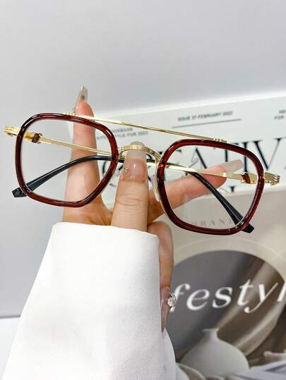 New Fashionable Retro Metal Double-Beam Women High-Quality Decorative Non-Prescription Glasses, Casual Minimalist Artistic Personalized Unisex Party Non-Prescription Glasses Square Glasses