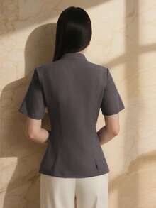 Women's College Style Geo Print Short Sleeved Notched Neck Teacher Elegant Blouse Formal Attire - Dark Grey - View 2