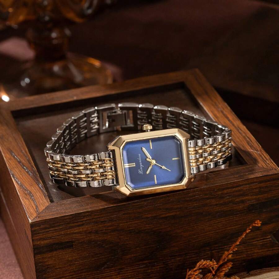 xinyunkou 全新奢华钢带女士手表，时尚简约方形石英女士腕表 - 金色 - 查看 1