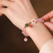 Fashionable Pink Cherry Blossom Glass Bracelet - A Stylish Cherry Blossom Inspired Beaded Wristband For Women, Ideal As A Birthday Gift. - Peach Color Tassel Bracelet - View 5