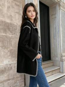 女士休闲优雅撞色滚边口袋前开襟纽扣大衣，秋冬款 - 黑色 - 查看 3