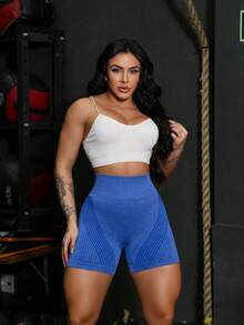 Yoga Shorts Sports Gym Leggings  Tie Dye Crumpled Butt Lifting Seamless High Waist YI-016 - 寶藍色 - 查看 1