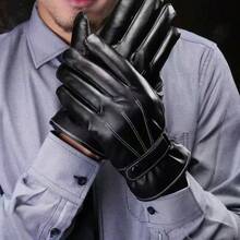 1 双男士仿皮手套，保暖内衬，防风，防水，冬季保暖手套，适合骑行、驾驶、户外活动 - 黑色 - 查看 2