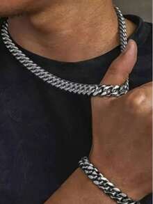 Stainless Steel Necklace And Bracelet Set For Men, Suitable For Daily Wear - Silver - View 5