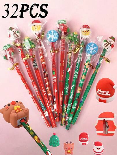 32PCS Christmas Cartoon Pencils With Erasers, Prize Gifts Drawing Pencils, Creative Stationery, Student Sketching, Drawing Pencils, HB Pencils For Learning To Write Back To School, Creative Student Supplies, Teacher Office Supplies, Suitable As Holiday Gifts (Random Styles)